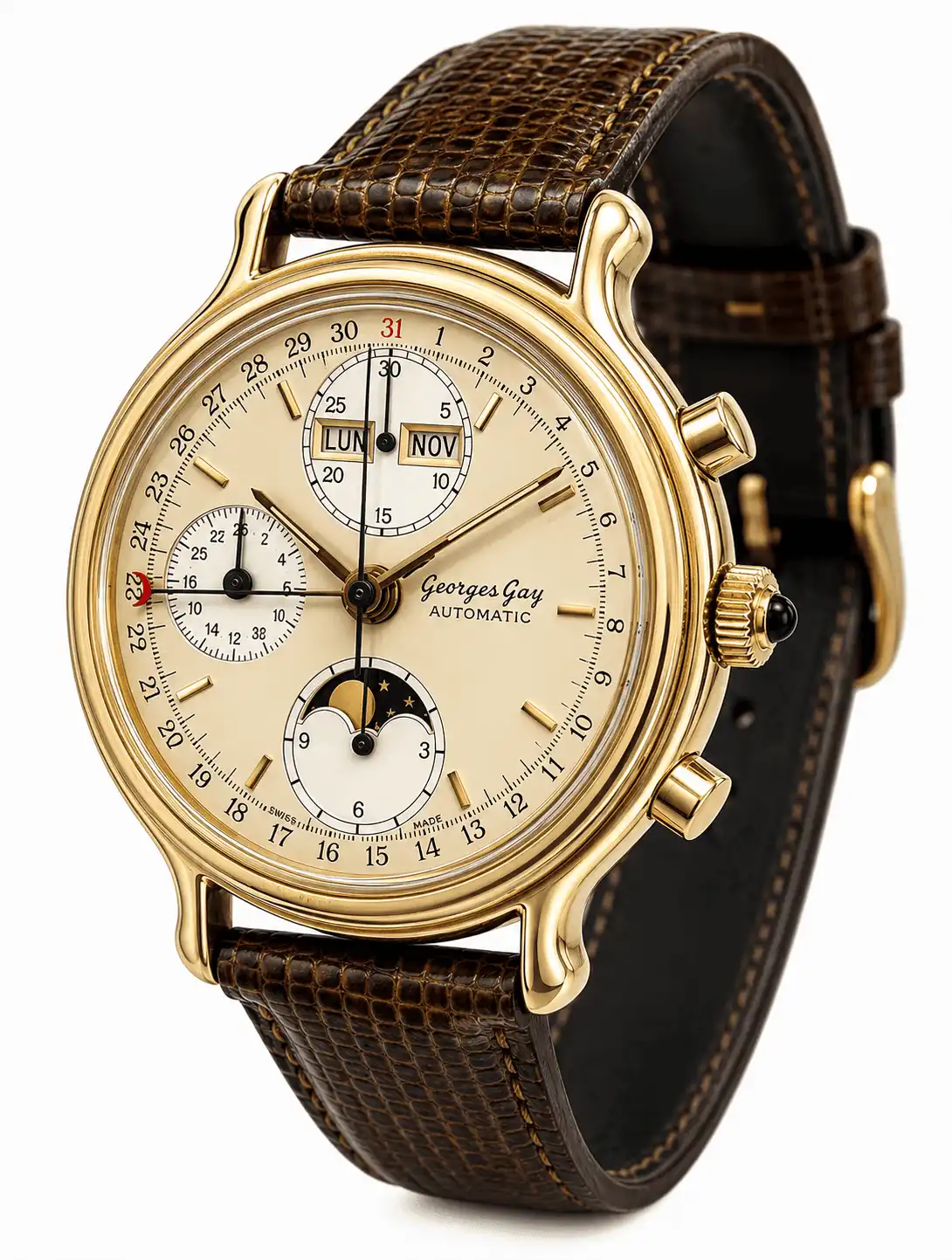 Chronographe automatique Georges Gay doré avec calendrier et phase de lune