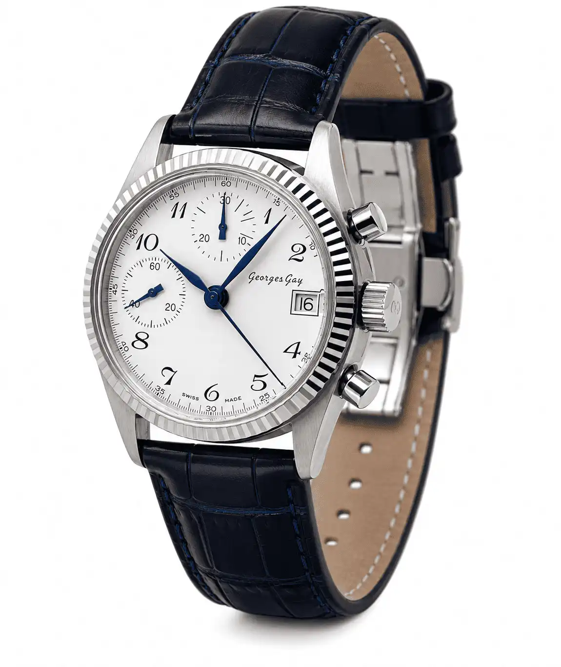Chronographe Georges Gay à cadran argenté et bracelet bleu